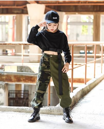 Image of Rolanko Girls Cargo Pants for Kids Loose Streetwear Hip Hop Dance Cotton Cargo Jogger Pants for Kids 4-15 Years