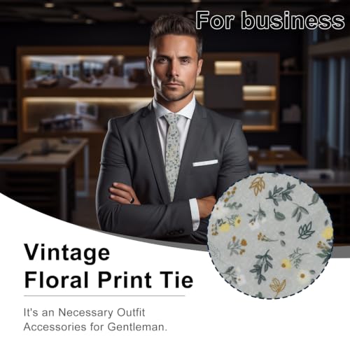Image of Luckyvestir Ties for Men, Sage Green Cotton Floral Tie 2.76 inch Flower Printed Men's Neckties for Wedding /Groomsmen /Suit /Party