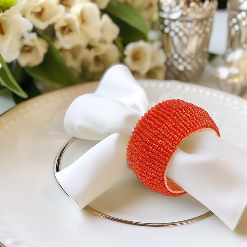 Image of COTTON CRAFT Glitz Beaded Napkin Rings - Set of 12 - Handmade Rust Napkin Ring Holders for Dining Table Decor - Elegant Beaded Napkin Rings for Weddings, Parties, Brunch, Holiday Table Settings