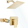 Heyalan 8 Inch Shower Head and Handle Set Square Shower Faucet Set Bathroom Rainfall Shower System Stainless Steel Showerhead Single Function Shower Trim Kit,Female Thread Valve,Brushed Gold