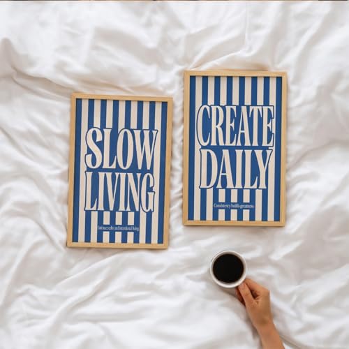 Image of Suneree Slow Living Create Daily Wall Art Set of 2 Framed Paintings | Blue Striped Typography Motivational Poster | Office Bedroom Home Decor (Art 6, 10x13 Inches)