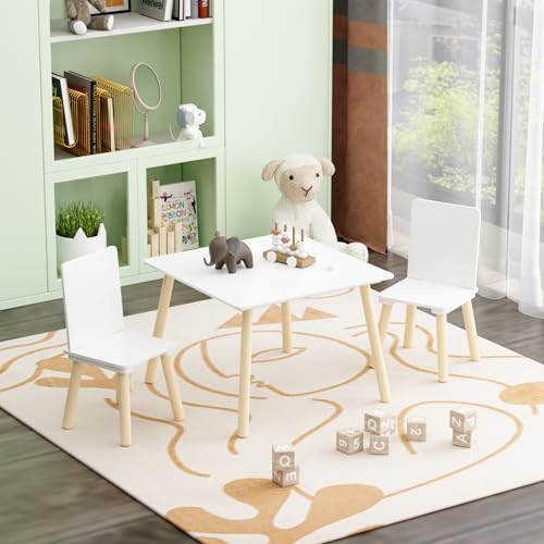 Image of Wood Table & Chairs 3 Pieces Set, Boys Girls Activity Table w / 2 Chairs, Solid Wood Legs, Safe Rounded Corners, Playroom Furniture for Boys & Girls Activity Dining Drawing Craft.