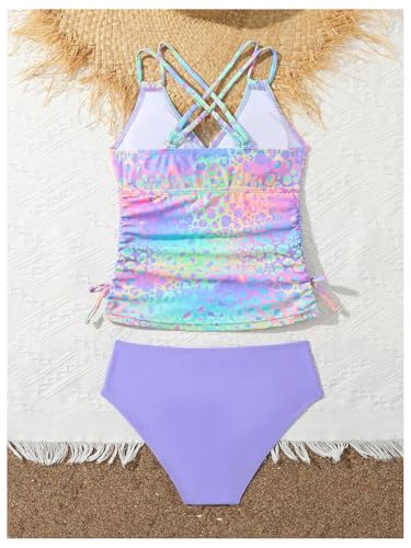 WDIRARA Girl's Two Piece Tankini Swimsuit Leopard Ruched Strappy Bathing Suit2
