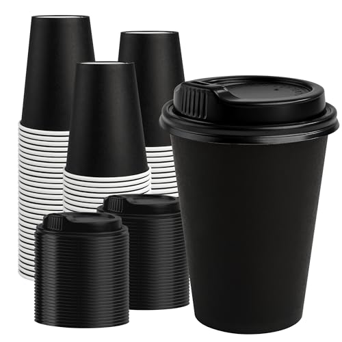 RACETOP 12 oz Paper Coffee Cups 100 Pack Black Disposable Coffee Cups with Lids 12 oz Hot Paper Cups with Lids To Go Cup with Lid