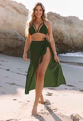 Kisscynest Women's Halter Neck Cut Out 3 Pieces Swimwear with Mesh Maxi Skirt3