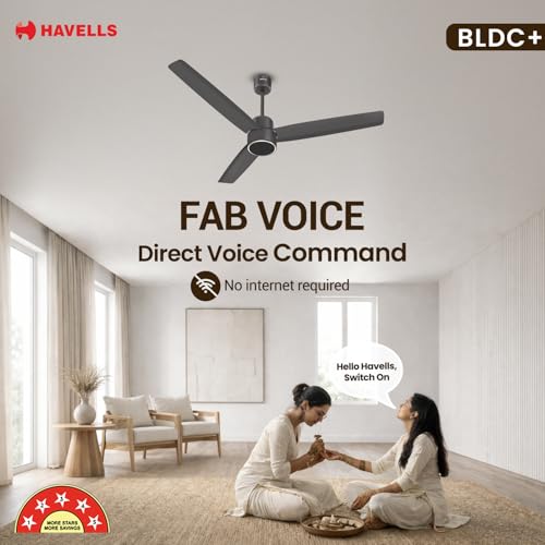 Image of Havells FAB Voice BLDC 1200 mm Ceiling Fan|Direct Voice Command| 5 Star| Upto 65% Saving| Air Delivery: 235 cmm| Low Noise|4 Speed Mode| 380 RPM| 2 Years Manufacturer Warranty (Smoke Brown)