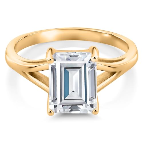 Gem Stone King 18K Yellow Gold Plated Silver Gemstone Birthstone Solitaire Engagement Ring for Women | Emerald Cut 9X7MM | Split Shank Design | Wedding Engagement Anniversary Promise Ring | Size 5-92