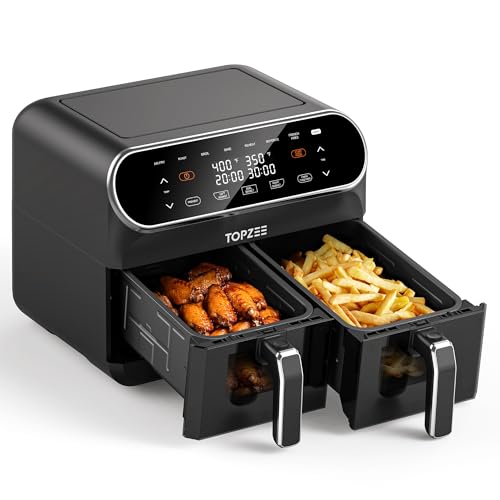 Image of Topzee Dual Basket Air Fryer 8QT – Family Size Air Fryer with Dual Independent Zones, 8 Cooking Presets, Simultaneous Finish Mode, Viewing Windows, 90–400°F, Low-Oil Cooking, Black