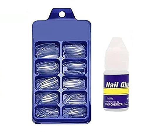 TWIREY Set Of 100Pc Professional/Personal Reusable Clear/transparent French Long Acrylic False Fake Nails DIY Decoration Nail art Tip Accessory with Glue (Pack of 1) (NAIL 2)-image-14