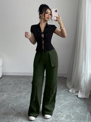 Image of Leriya Fashion Cargo Pants for Woman | Cargo Pants for Women Cotton Wide Leg Utility Fit Flap Pockets | Trousers Fors Women, Relaxed Fit Baggy Pant Airport Outfit for Womens Streetwear Attire