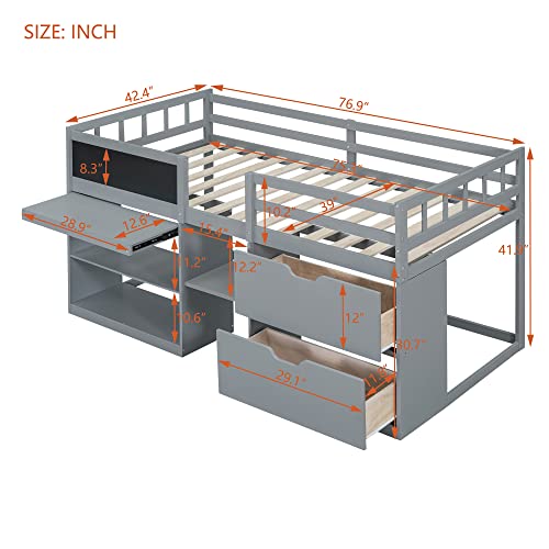 Citylight Twin Size Low Loft Bed With Storage, Kids Loft Bed With Small Rolling Desk & Chalkboard,Two Shelves And Two Drawers,Wooden Twin Loft Bed For Girls Boys Bedroom,Grey #TOP2
