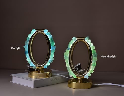 Image of AMOYSTONE Natural Crystal USB Led Lamp Green Fluorite Night Light Elliptical Table Lamp Tri-Color Rock Crystal Lamp for Bedroom Table Living Room