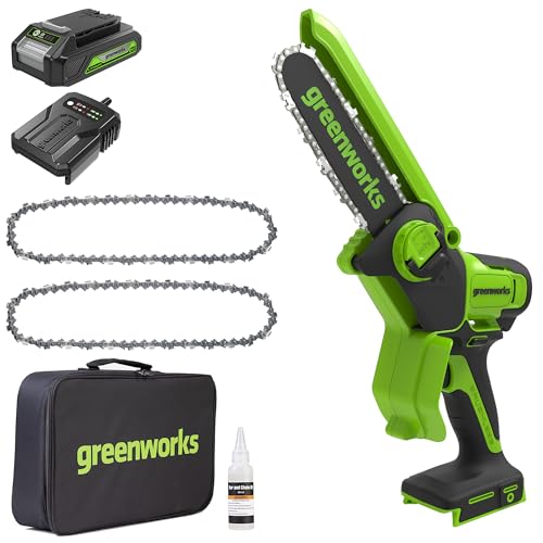 Greenworks 24V Mini Motosierra 10cm Motosierra a batería sin cable alimentada por una batería de 2Ah+ Cadena de Sierra de 2 piezas para barras de 4 pulgadas (10 cm)