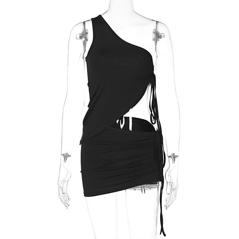 XGOPTS Women's Summer 2 Pieces Outfits One Shoulder Asymmetrical Hem Crop Top and Bodycon Mini Skirt Set Beach Party Clubwear4