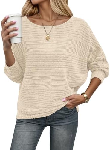 WNEEDU Pullover Damen Herbst Elegant Dünne Fledermausärmel Strickpullover | Herbst outfit, winterpullover, langarm pulli sweatshirt, geripptes sweater, langarmshirt, lässig obertei