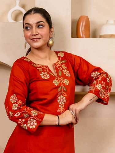 Image of VredeVogel Women's Silk Blend Embroidered Anarkali Kurta with Pant & Dupatta Set | Festive & Casual Women Ethnic Kurta Set for Women
