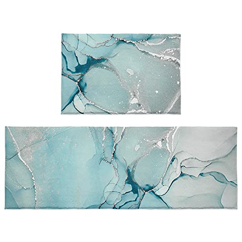 Marble Texture Kitchen Mat Set Of 2, Blue To Grey Light Granite Silver Cracked Abstract Microfiber Kitchen Rug Tpr Non-Slip Backing Doormat Runner Rug Set Comfort Floor Mat, (16" X 24"+16" X 48") #TOP1