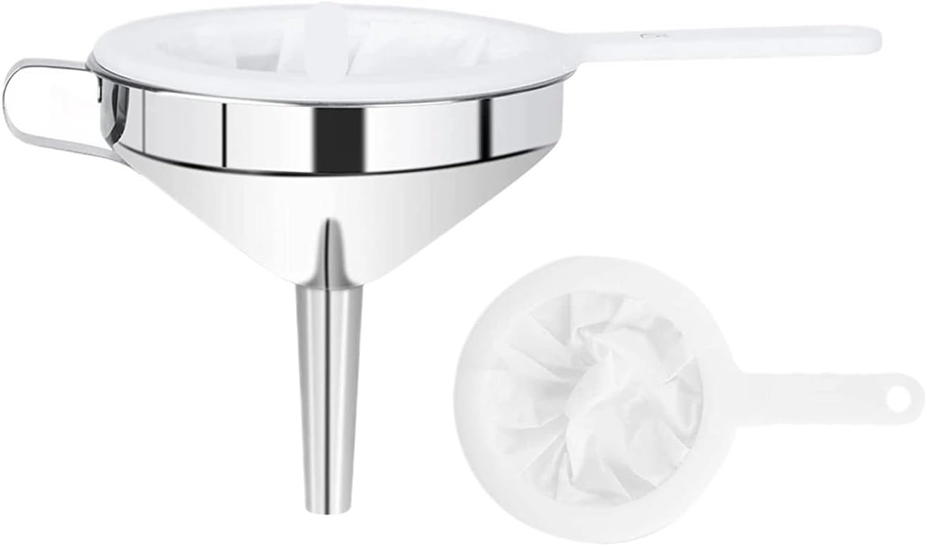 Funnels 304 Stainless Steel Funnel with Strainer for Filling Bottles Kitchen Food Funnel with Nylon Filter Strainer for Oil Juice Filter(200mesh Set)