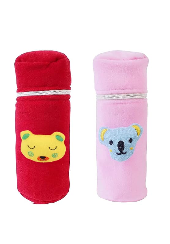Image of Soft Plush Stretchable Baby Feeding Bottle Cover Easy to Hold Strap and Zip | Suitable for 130 ML-250 ML Feeding Bottle-Light Pink-Dark Red