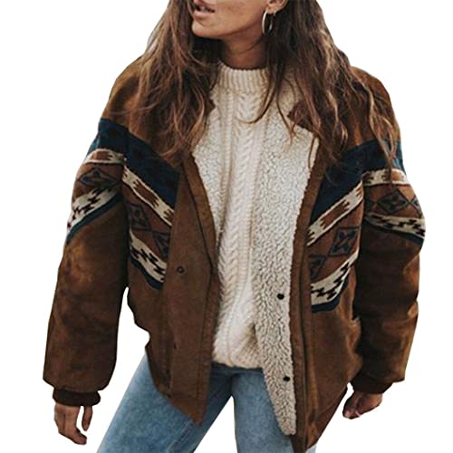 ebossy Women's Plus Size Cozy Fuzzy Fleece Lined Jacket Ethnic Printed Button Up Winter Warm Sherpa Oversized Coat Outwear