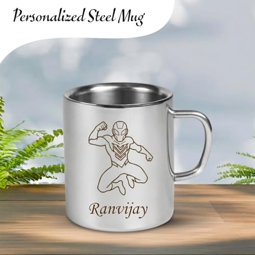 Image of SAVRI Personalized Stainless Steel Mug for Kids with Customized Name Engraved & Cartoon Design | 220 ml Double Wall Insulated Mug for School, Milk, Juice & Water (Spiderman)