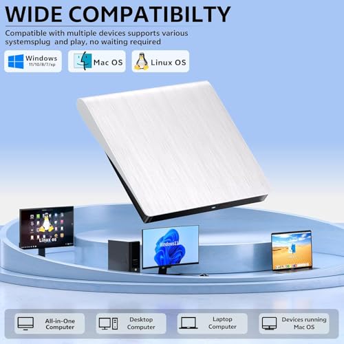 Image of External CD DVD Drive Player, USB 3.0 USB-C Portable CD DVD + /-RW Disk Drive Burner CD-ROM Reader Writer for Laptop Desktop PC (2 in 1 DVD Writer - White)