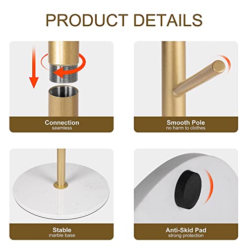 Zozoe Coat Rack, Metal Coat Rack Freestanding Satin Steel With Heavy Stable Marble Base, Gold Coat Rack Stand 67’’ With 8 Hooks For Hanging Clothes, Bags, Hats, Accessories #TOP1