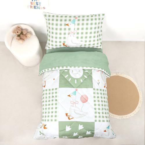 Image of Toddler Bedding Set for Boys Girls 4 Pieces Green Goose, Soft Breathable Toddler Comforter Set, Checkerboard Print, Includes Reversible Comforter, Fitted Sheet and Flat Sheet, Pillowcase