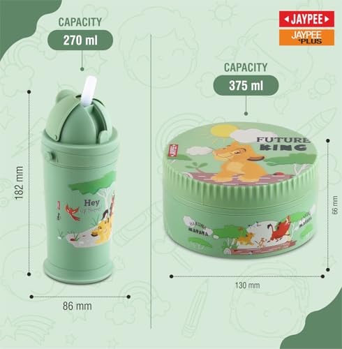 Image of JAYPEE First Step Inner Stainless Steel Insulated Lunch Box Meal and Sip Combo for School Kids Water Bottle Sipper & Disney Princess School Kids Tiffin Box 375 & 270 ml Water Bottle, Green