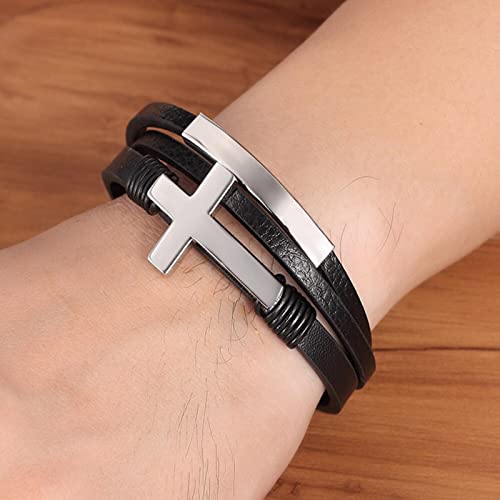 Bracelet en cuir pour hommes avec breloques croix de Jésus