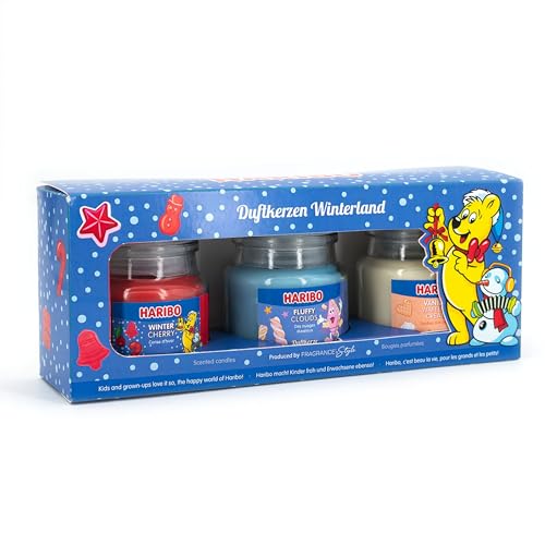 Haribo Duftkerzen Geschenkset | Winterland | 3x Duftkerzen Winter | Geschenke für Frauen | Kerzenset für Zuhause | 3x85g Duftkerzen im Glas