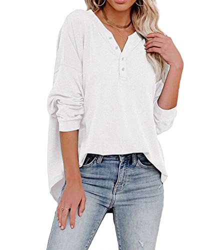 REVETRO Womens Button Down Pullover V Neck Henley Shirts Long Sleeve Sweatshirts Causal Tunic Tops White X-Large