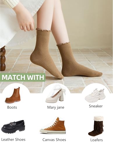 Image of Womens Socks, Ruffle Turn-Cuff Casual Crew Socks Breathable Cool Knit Cotton Lettuce Frilly Ankle Sock 6 Pack (US, Alpha, One Size, Regular, Regular, 6-pairs(white) crew Socks)