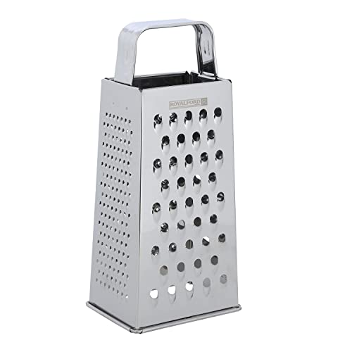 Royalford Stainless Steel 4 Side Grater 9 Inch RF10292 Grate Slice And Zest Sharp Blade & Easy Grip Handle Best For Parmesan Cheese Vegetables Ginger silver