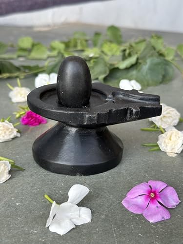 Image of Shivam VASTU AKAL 1.5 inch Original Narmadeshwar Narmada Shivling with 3 inch Narmada Stone Yoni Base Jaladhari (Black Shivling, Black Designer Damru Jaladhari)