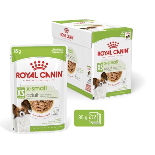 ROYAL CANIN X-Small Adult | 12 x 85 g | Feuchtnahrung für ausgewachsene und besonders kleine Hunde | Ab dem 10. Lebensmonat | Mit Häppchen in Soße | Im Pouchbeutel