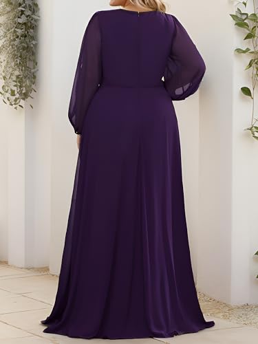 Ever-Pretty V Neck Long Sleeves Applique Chiffon Plus Size Long Ball Gown Formal Evening Dress for Women Deep Purple US14 - Thumbnail 2