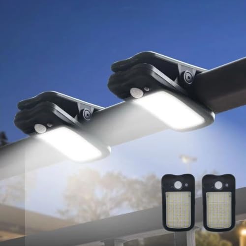 Image of 60 LED Outdoor Solar Clip Light, Motion Sensor Waterproof Portable Lamp, Dual Charging, 3 Modes for Patio & Fence (2 Pack)