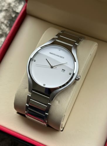 Image of AMERICANVIBER Men's Minimalist Watch, Silver Stainless Steel, White Dial with Crystal Accents, Analog Quartz Movement, Date Window For Men