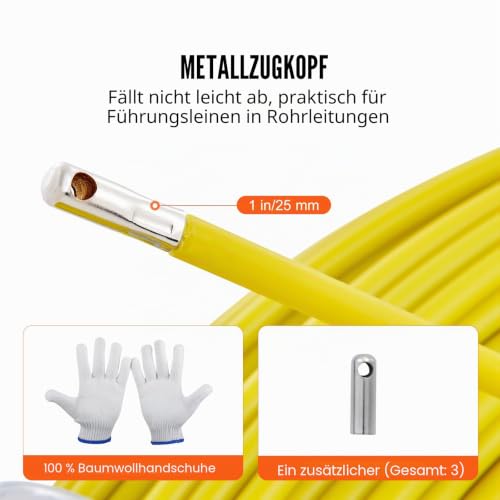 VEVOR Fiberglas Kabel Rad 150m Ø7,9mm Glasfaserstab inkl. Stahlhaspel Handschuhe Bremsgriff Metall-Zugköpfe Fischband -40℃ bis +80℃ Einziehhilfe Einziehband Einziehspirale
