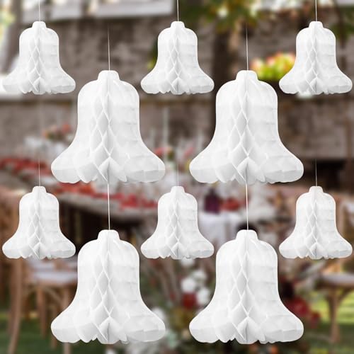 24 Pcs Paper Wedding Bells White Hanging Big Bridal Honeycomb Wedding Bells Decorations for Ceremony Parties Baby Showers Christmas Decorating Supplies, 7.9inch and 11.8inch