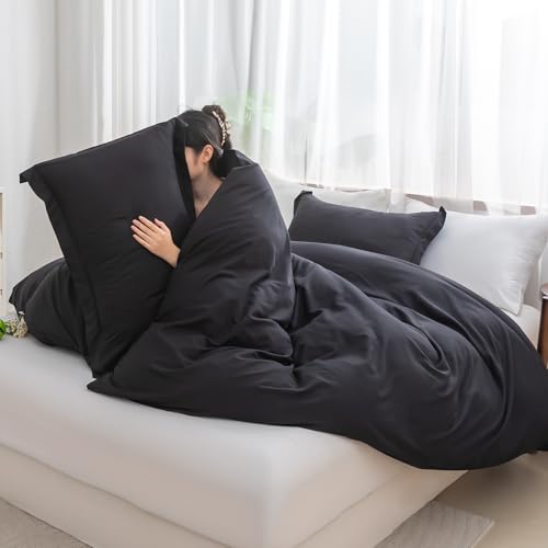 Image of SheRest Black Duvet Cover Full Size - Soft Brushed Microfiber, 3 Pieces, 1 Duvet Cover 80x90 Inches with Zipper Closure 8 Ties & 2 Pillow Shams, Breathable Bedding Set for All Season (No Comforter)