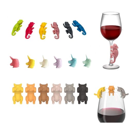 Marcadores de Copas Animales, Identificador de Copas y Vasos, Marca Vasos Silicona Marca Copas de Vino Marcador Copas para Copa de Cóctel de Champán, 18 Piezas (Camaleón, Gato, Caballo)