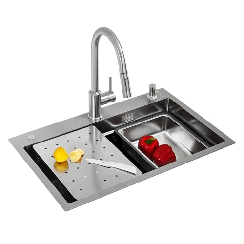 CECIPA Evier Cuisine Inox 1 Bac avec Robinet Extensible, 70x45 CM Grand Evier et Distributeur de Savon, Evier de Cuisine et évier mobile et planche à...