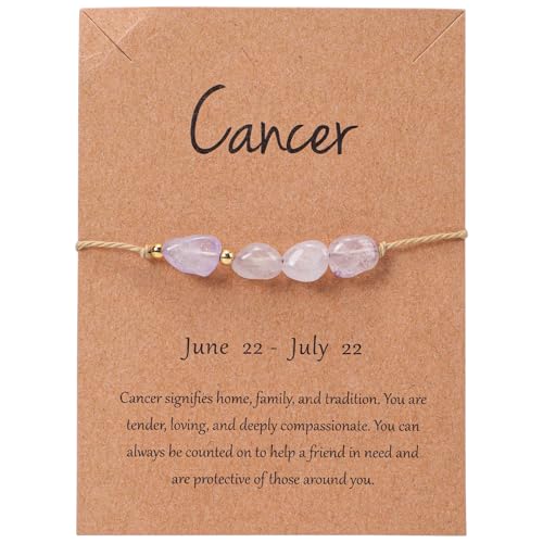 Risipu Zodiac Bracelet Birthday Bracelet Gifts for Girls Women, Adjustable Natural Crystals Bracelets Present with Zodiac Card for Mom Friends Daughter Granddaughter Sister (Cancer)