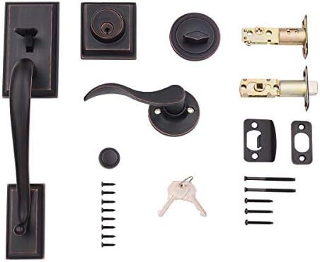 Amazon Basics Modern Exterior Door Handle with Right-Hand Wave Door Lever and Deadbolt Lock Set, Oil Rubbed Bronze Amazon Basics Modern Exterior Door Handle with Right-Hand Wave Door Lever and Deadbolt Lock Set, Oil Rubbed Bronze