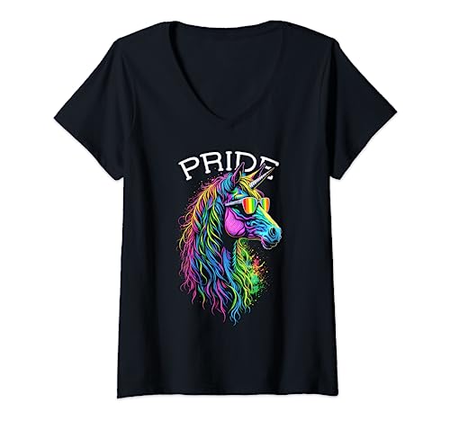 Womens LGBTQ Unicorn Gay Pride LGBT Ally Rainbow Sunglasses V-Neck T-Shirt