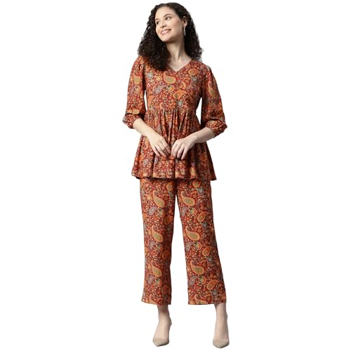 Image of DEEBACO Women's Paisley Print Rayon Top & Pants Co Ord Set For Women V Neck Long Puff Sleeve Ladies Party Casual Wear Fashionable For Girls Loose Fit Cord Set (DBCOMR00001033 XL Multicolor)
