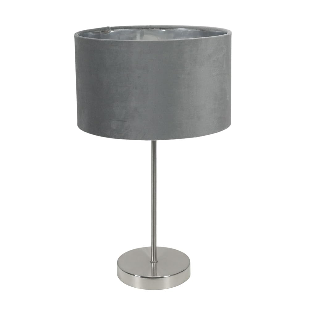 Charlie Chrome Stem Table Lamp - Grey Velvet Shade with Chrome Inner - Modern & Mid-Century Style - Bulb Included