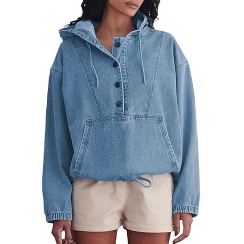 Women’s Denim Hoodie Jacket Lightweight Jean Pullover Casual Long Sleeve With Pocket Drawstring Hood Sweatshirt 2025